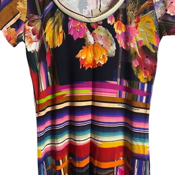 Fuzzi Striped Floral Multicolor Short Sleeve Scoop Neck Jersey Maxi Dress Size S - Picture 6 of 10